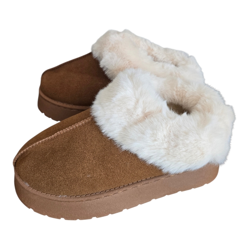 Fur Lined Slippers Platform Like Suede Sheepskin Chestnut Size 40 - Picture 3 of 7